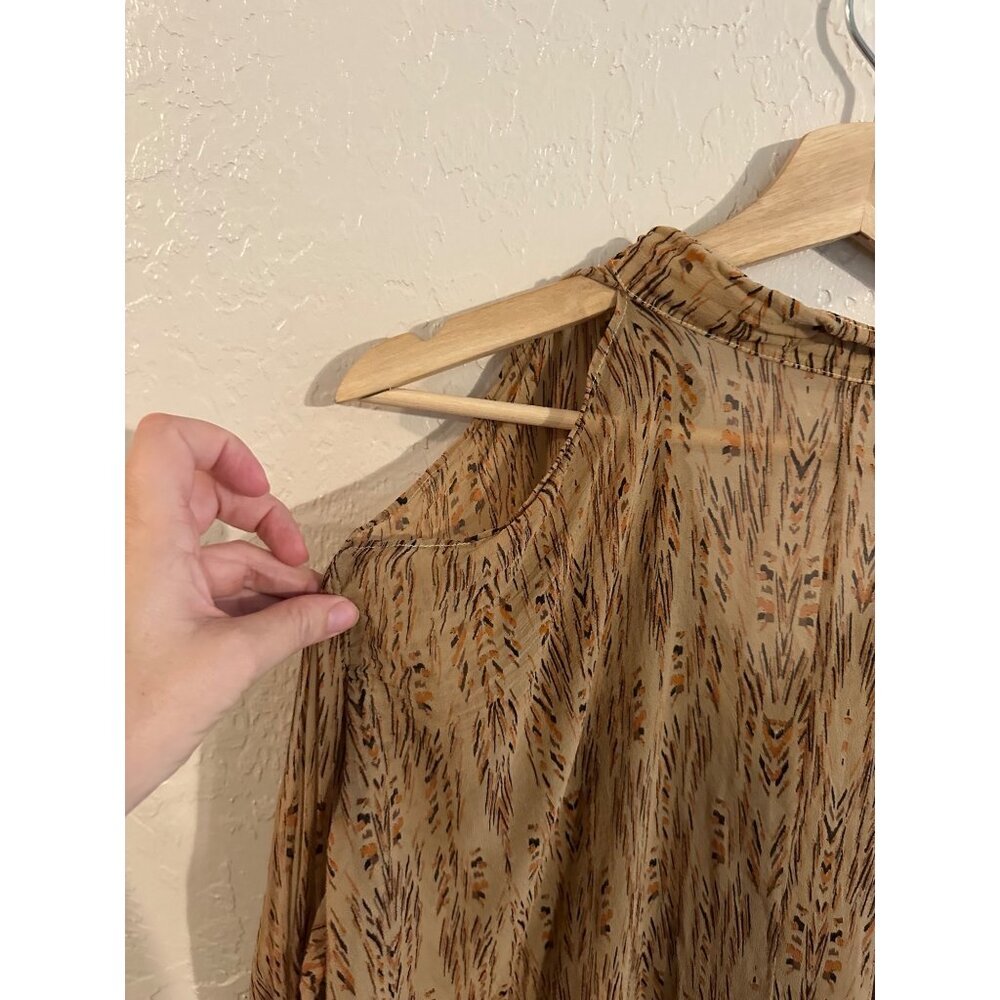 Y Gypsy 05 100% Silk Hippie 70’s Style Tan Cold Shoulder Button Up Blouse - Picture 11 of 11